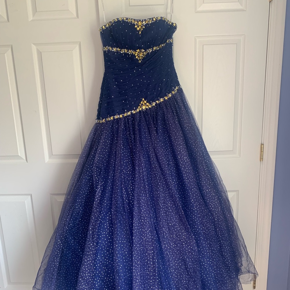 Gorgeous Ballgown Dark Blue with Gold and Silver Crystals Size 2.